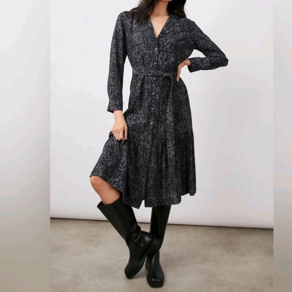 NEW RAILS Beatrice Charcoal Cheetah Dress Medium Midi Satin Belted Long Sleeve